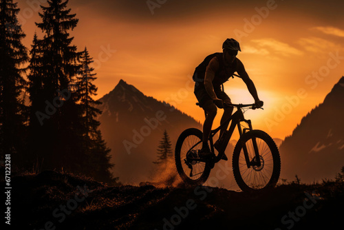 Silhouette of cyclist riding bike through mountains at sunset