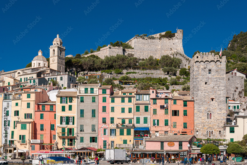 Typical colored houses in the seafront of Portovenere, small village in Liguria near the Cinque Terre