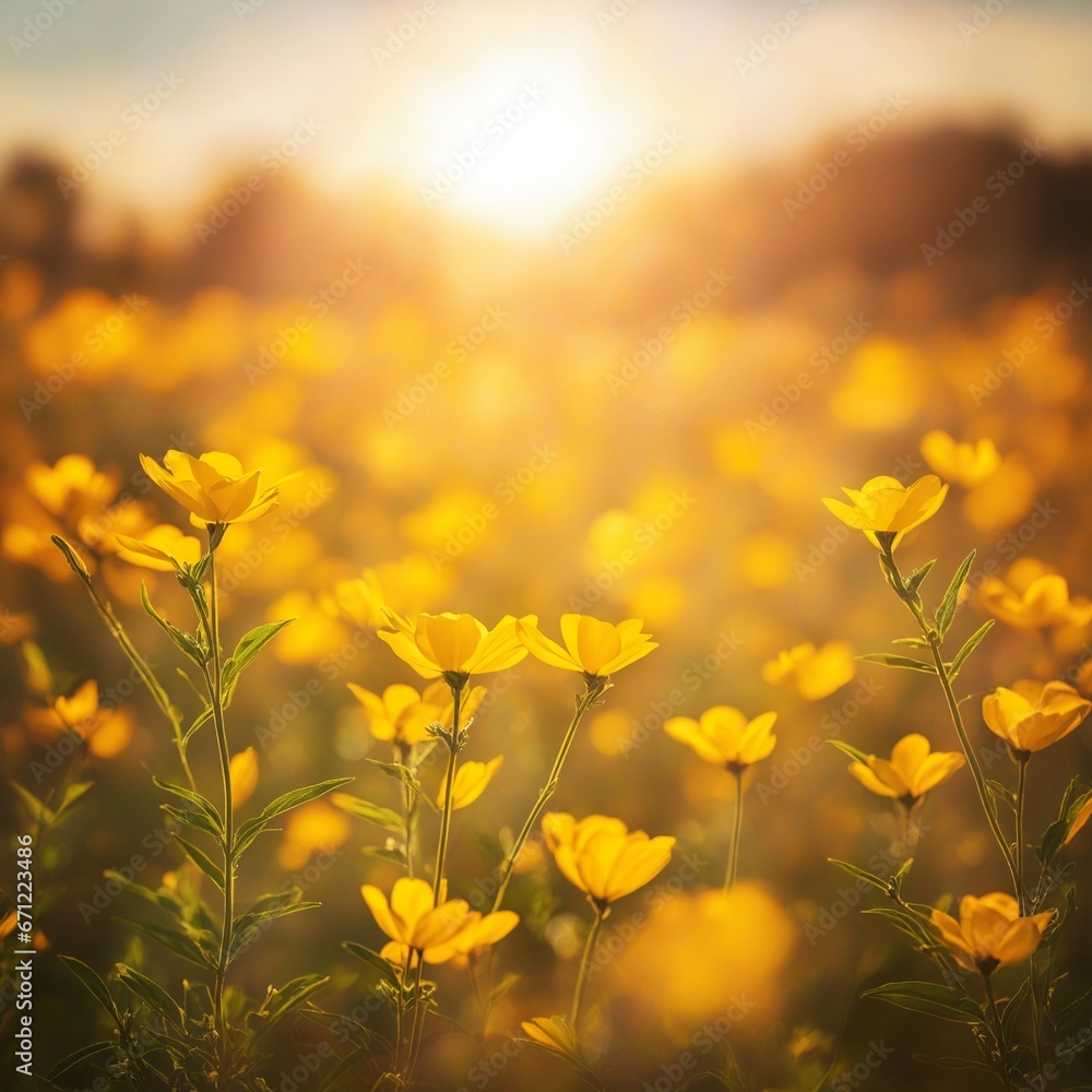 a beautiful nature landscape with magical sunlight and flowers