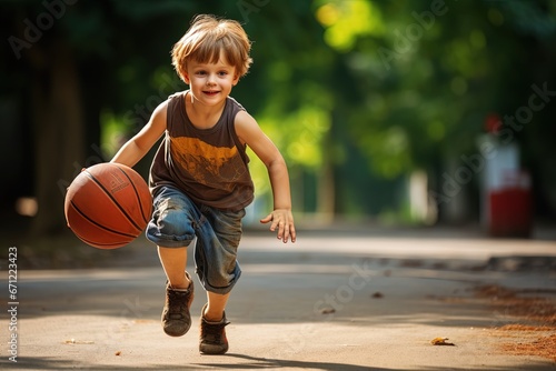 Dribbling small boy plays basketball.