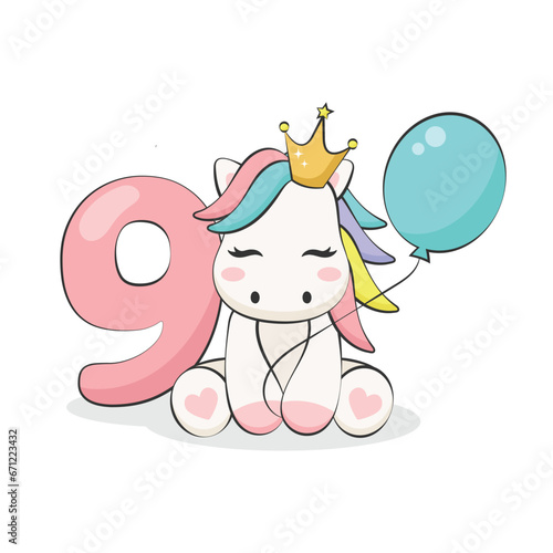 Pony with balloon and number nine isolated on white background. Vector illustration