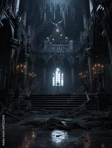 Gothic creepy room with bats in haunted castle. AI © Vitalii But