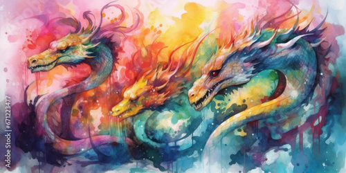 Watercolor drawing of various Dragons. Generative AI.