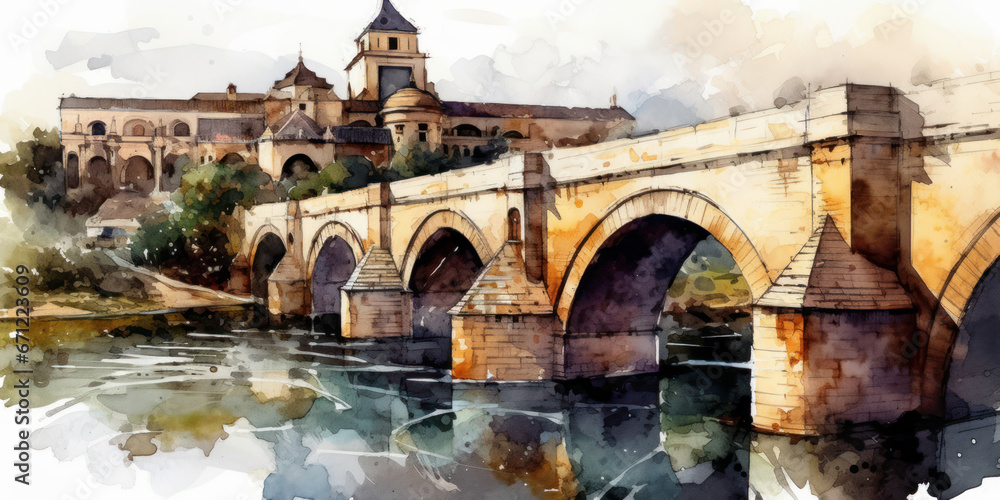 Watercolor drawing of the Roman bridge in Cordoba. Generative AI.