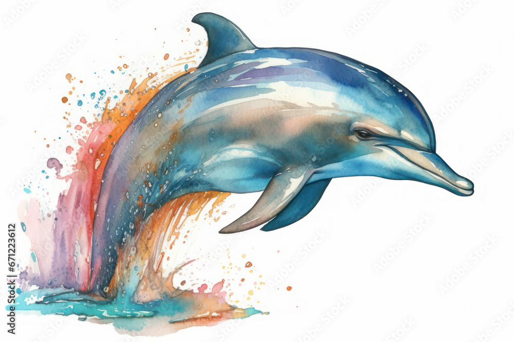 Watercolor drawing of an elegant Dolphin. Generative AI. Watercolor drawing of an elegant Dolphin. Generative AI.