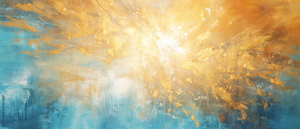 Closeup of abstract rough gold blue sun explosion painting texture, with oil brushstroke, pallet knife paint on canvas - Art background - obrazy, fototapety, plakaty 
