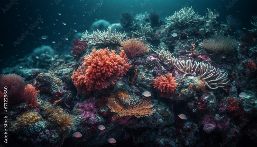 Deep below, colorful sea life thrives in natural beauty generated by AI