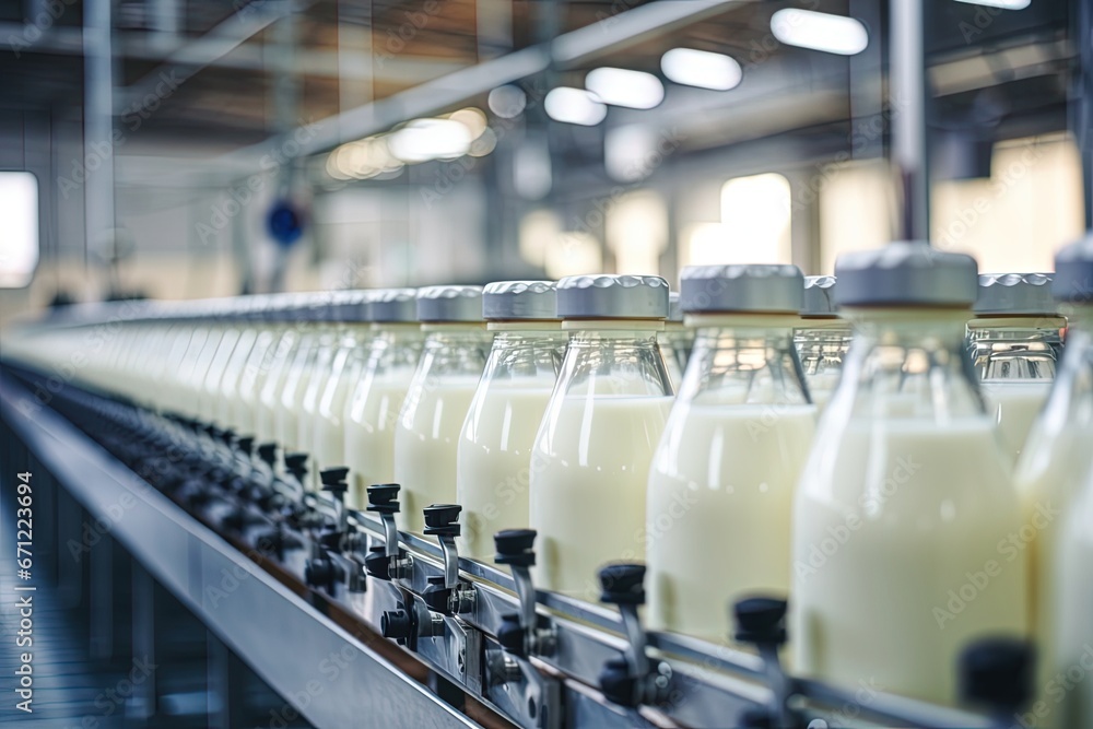 Filling milk in to bottles at factory.