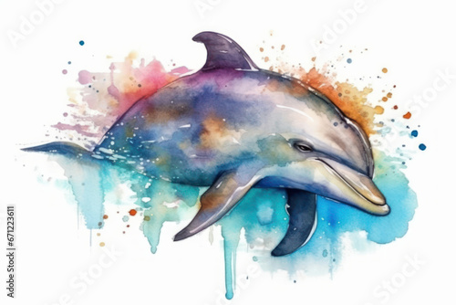 Watercolor drawing of an elegant Dolphin. Generative AI.