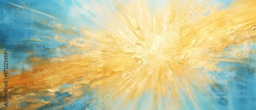 Closeup of abstract rough gold blue sun explosion painting texture  with oil brushstroke  pallet knife paint on canvas - Art background