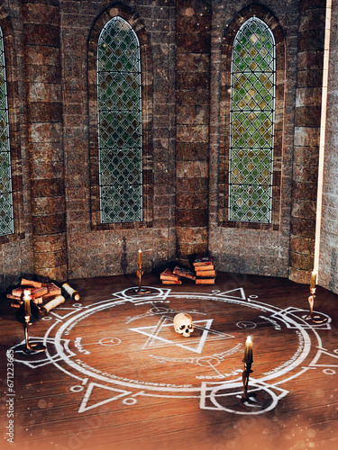 Summoning circle in a ritual chamber. 3d render.
