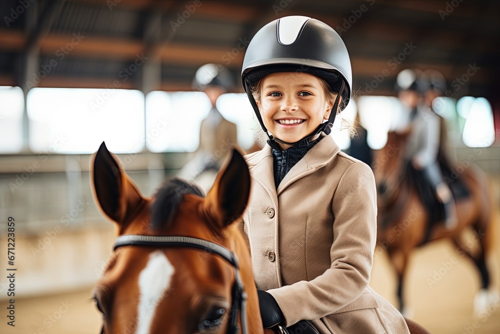 Happy girl riding a horse and wearing helmet. Happy girl riding a horse and wearing helmet.