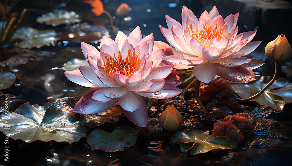 Nature beauty in a single flower, floating on tranquil water generated by AI