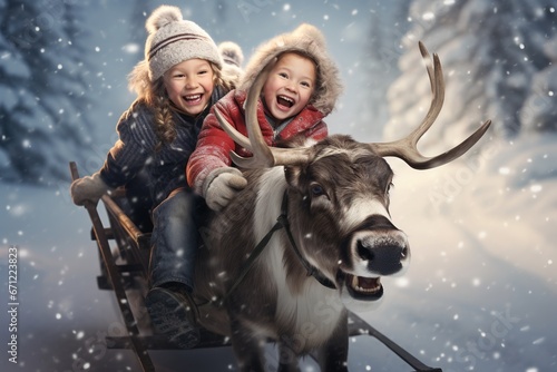 Happy children on a sledge been pulled along in the snow by a reindeer.