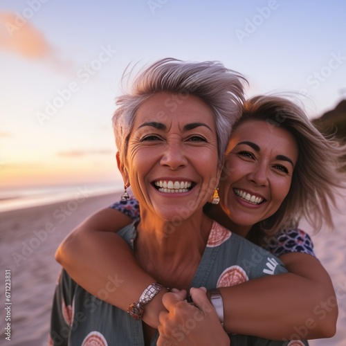 Smiling happy mature lesbian couple embracing at their tropical beach honeymoon