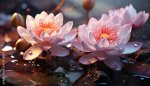 Tranquil scene Lotus water lily reflects beauty in nature generated by AI