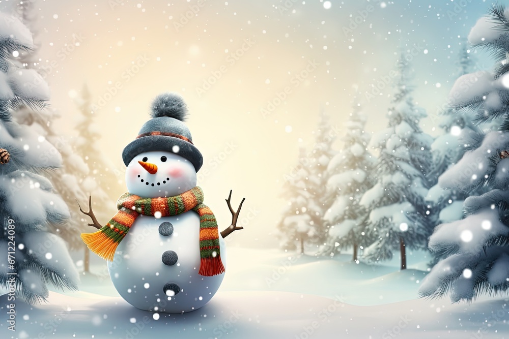 Greeting card with happy snowman standing in Christmas landscape.
