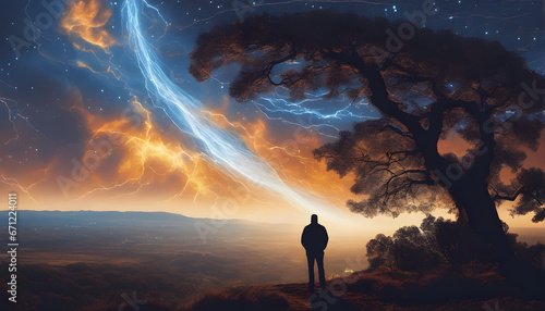 Wallpaper Mural Storm, psychedelic tornado and lightning in the sky, man and tree in the landscape, natural disasters, storm, thunderstorms, the environment concept, generative ai Torontodigital.ca