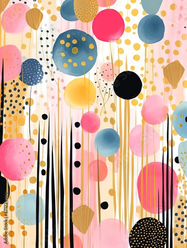 Pois multicolores et dorés, terrazzo, doodle, tampons et superpositions numériques florales, rayé, palette de couleurs audacieuses, emblématique, géométrique. IA générative, IA