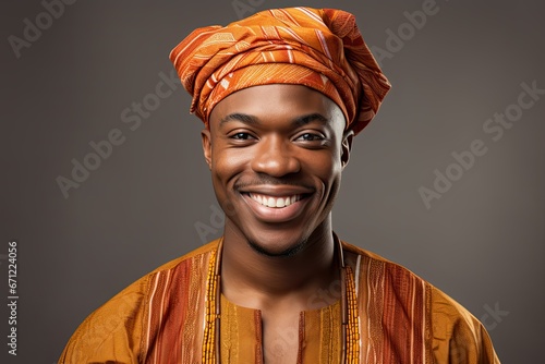 Portrait of a mature adult African man in a traditional national costume with a headdress smiling, looking at the camera photo