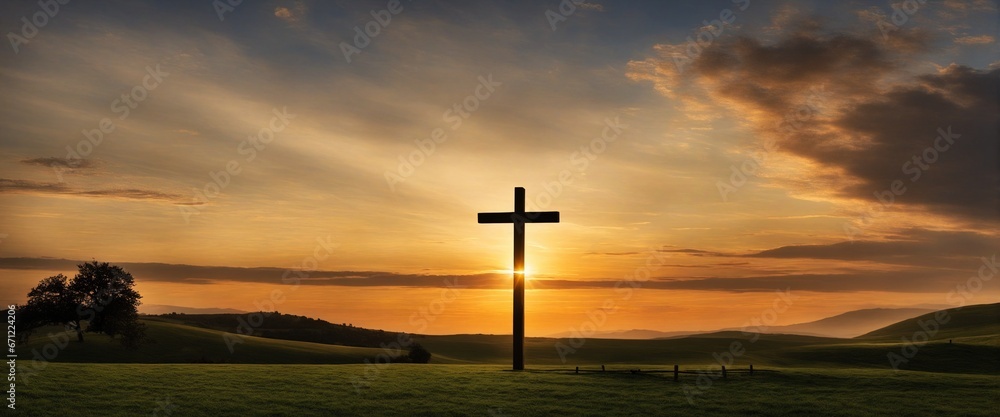 cross with sunset in front of the sea