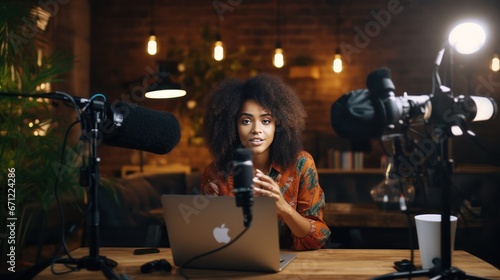 Black female influencer or content creator recording a video podcast or YouTube video. Speaking into camera generative ai.