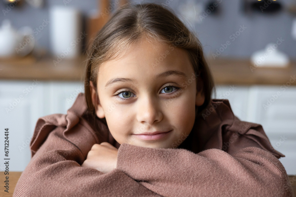 Close up headshot portrait of smiling little school girl. Virtual event concept. Close up headshot portrait of smiling little school girl. Virtual event concept.