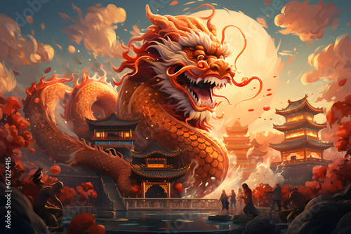 Giant golden dragon wrapped around mountain temple Asian festival concept, ai generated art
