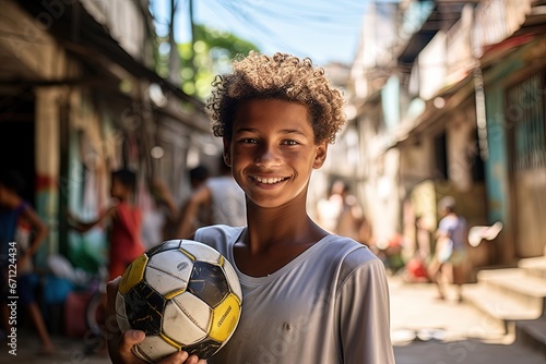 Brazilian boy holding a soccer ball in a favela.
