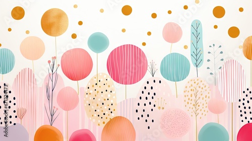 Pois multicolores et dorés, terrazzo, doodle, tampons et superpositions numériques florales, rayé, palette de couleurs audacieuses, emblématique, géométrique. IA générative, IA