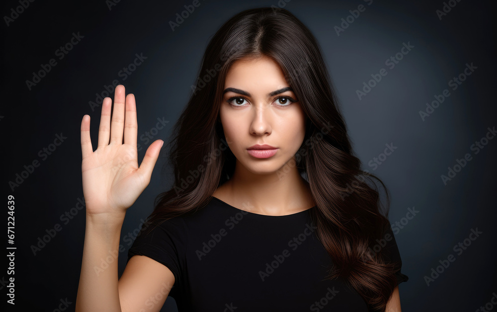 A beautiful serious woman saying stop, showing her palm to the camera A beautiful serious woman saying stop, showing her palm to the camera