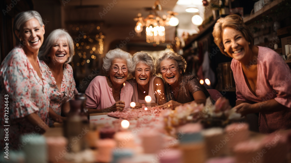 80 year old happy old friends celebrating Christmas at home - obrazy, fototapety, plakaty 
