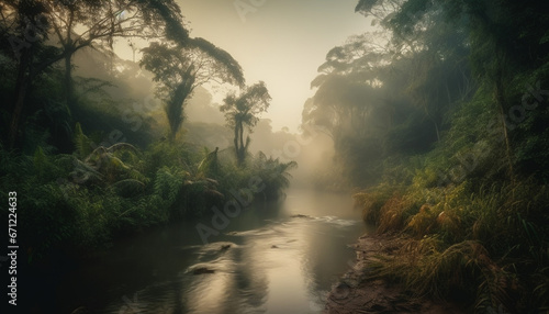 Tranquil scene of a wet forest with flowing water and fog generated by AI