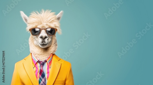 Fototapeta Naklejka Na Ścianę i Meble -  Cool looking llama or alpaca wearing funky fashion dress - jacket, tie, glasses. Wide banner with space for text at side. Stylish animal posing as supermodel. Generative AI
