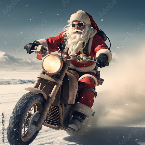Santa Claus rides a motorcycle in a snowy forest and brings gifts to children. Blurred background. A winter idea. Merry Christmas greeting card illustration.