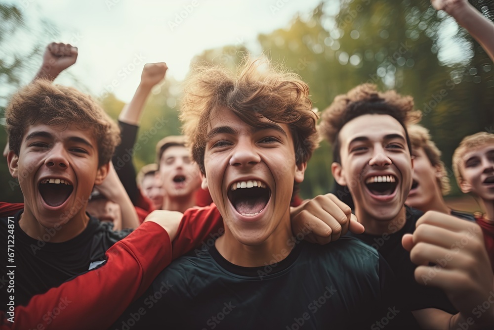Teenage boys playing soccer and celebrating victory. Teenage boys playing soccer and celebrating victory.