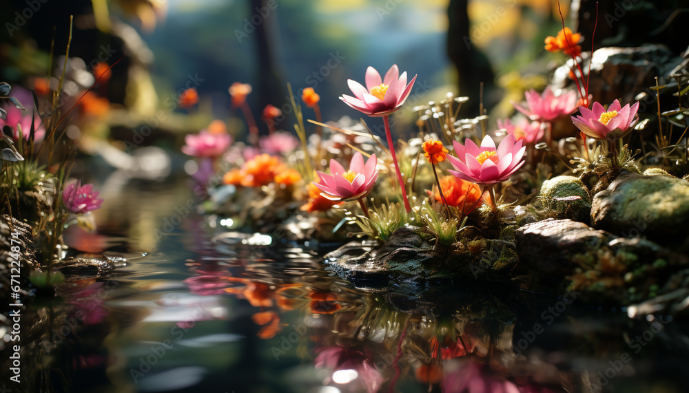 Nature beauty in summer vibrant flowers, green leaves, and tranquil ponds generated by AI Nature beauty in summer vibrant flowers, green leaves, and tranquil ponds generated by AI