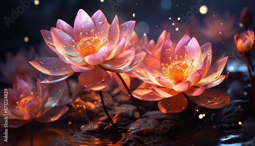 A vibrant bouquet of lotus flowers floating on tranquil pond generated by AI