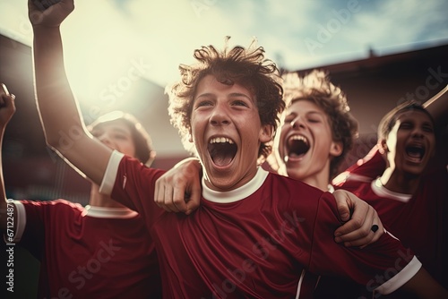 Teenage boys playing soccer and celebrating victory.