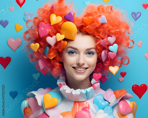 A girl in an abstract, colorful, heart suit that is like a Valentine's Day costume. Colorful background. Love is in the air. © Creative Photo Focus