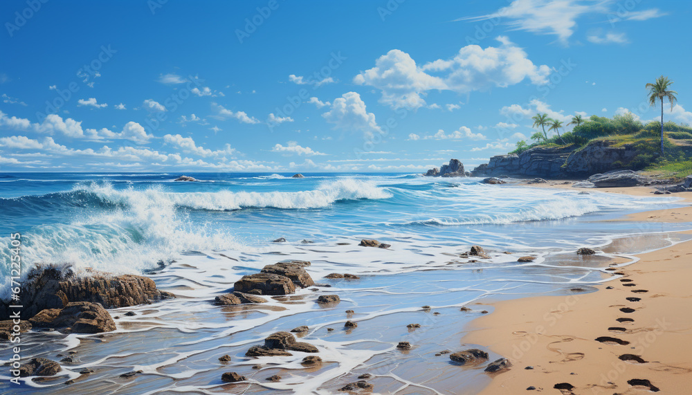 Idyllic tropical coastline, waves crash on sandy beach, tranquil beauty generated by AI Idyllic tropical coastline, waves crash on sandy beach, tranquil beauty generated by AI
