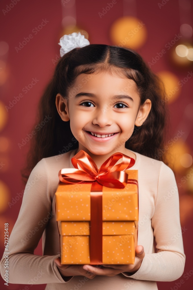 A smiling little child girl holding a stack of boxes with gifts A smiling little child girl holding a stack of boxes with gifts