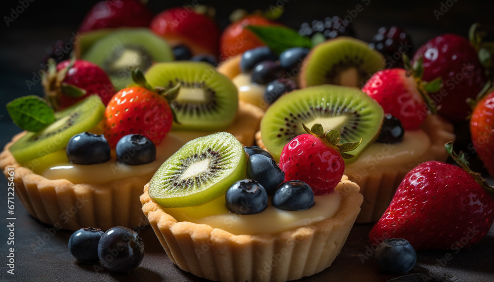 A gourmet fruit tart with fresh berries and mint leaf generated by AI A gourmet fruit tart with fresh berries and mint leaf generated by AI