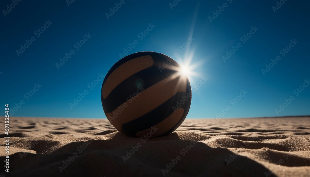 A striped beach ball rolls on the sand dune circle generated by AI