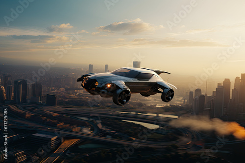 Advertising style concept sci-fi vehicle flying with the city as background - GENERATIVE AI. photo