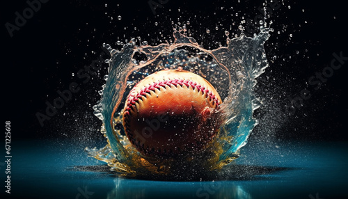 Baseball ball drops, splashing wet blue flame in motion generated by AI