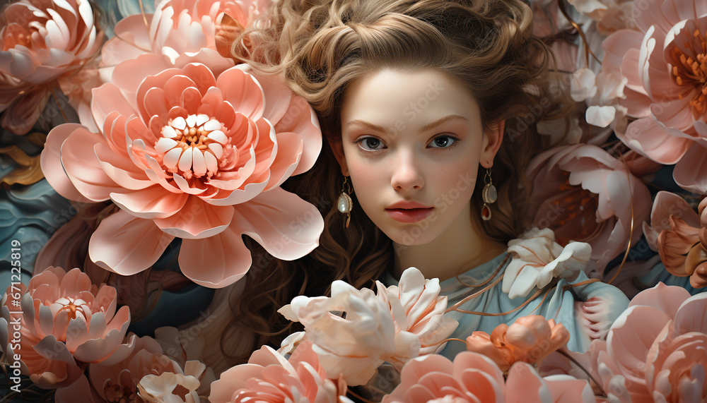 A beautiful woman in a pink dress, surrounded by flowers generated by AI