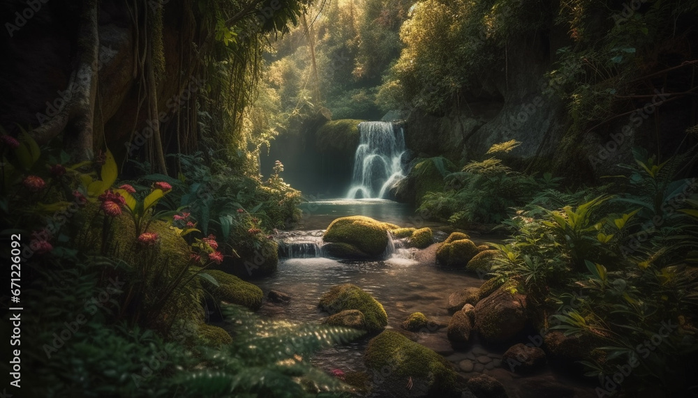 Tranquil scene of majestic waterfall in tropical rainforest paradise generated by AI