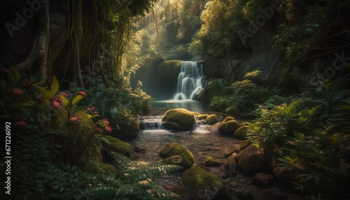 Tranquil scene of majestic waterfall in tropical rainforest paradise generated by AI