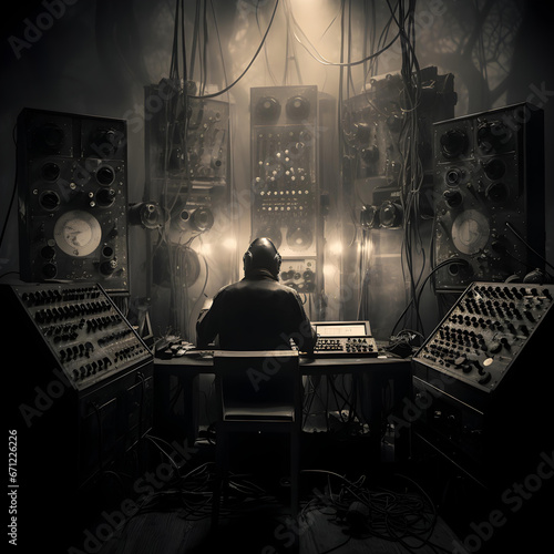 interior of a factory/ man working on sound syst photo